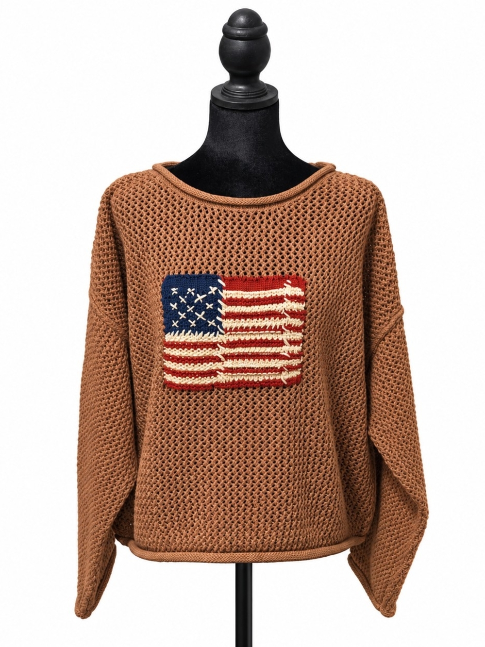 Women's Brown Open-Knit Sweater with Flag Patch